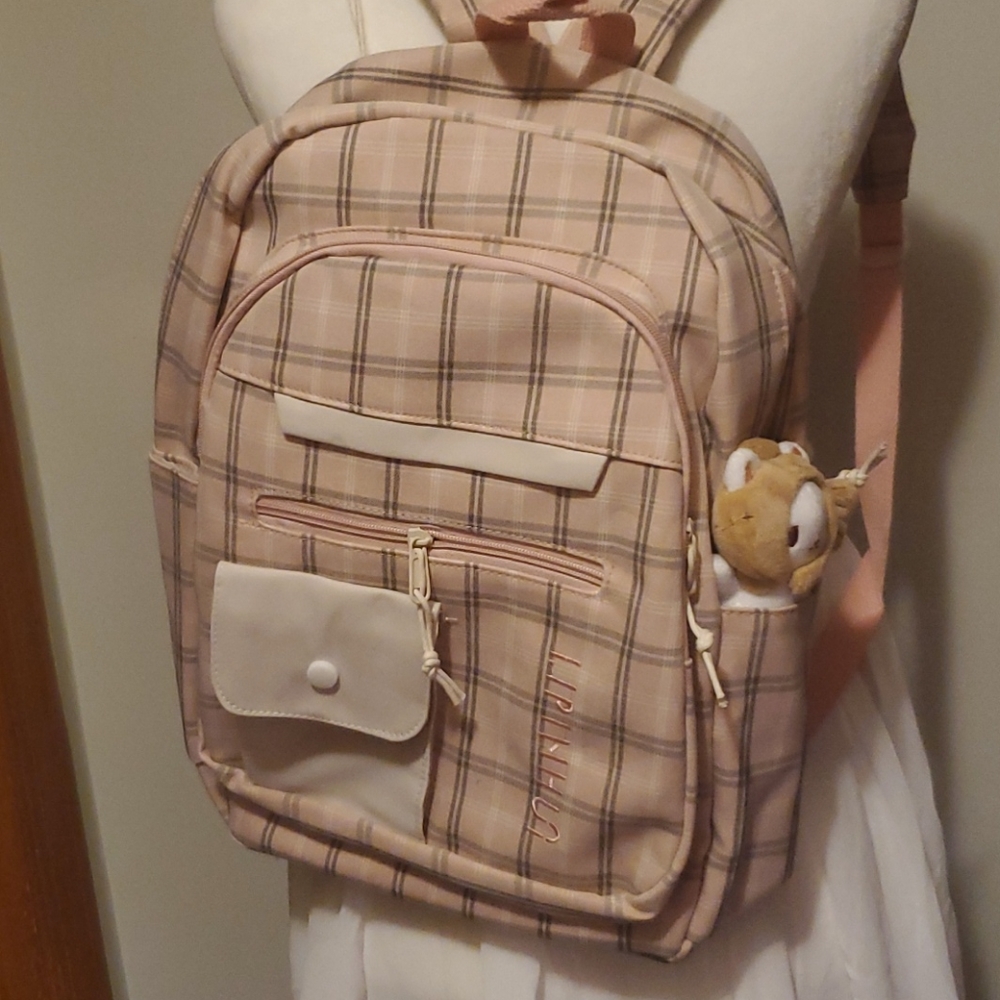 Ash pink /plaid large and roomy backpack with pal